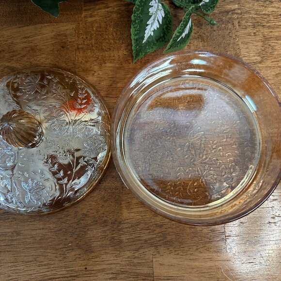 Jeannette Glass Floragold Louisa Iridescent Covered Candy Dish Depression Glass - Picture 6 of 6